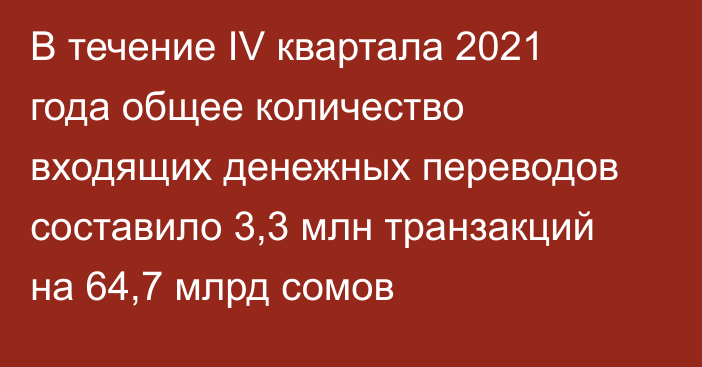 В течение IV квартала 2021 года общее количество входящих денежных переводов составило 3,3 млн транзакций на 64,7 млрд сомов