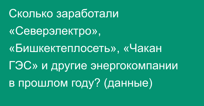 Сколько заработали «Северэлектро», «Бишкектеплосеть», «Чакан ГЭС» и другие энергокомпании в прошлом году? (данные)