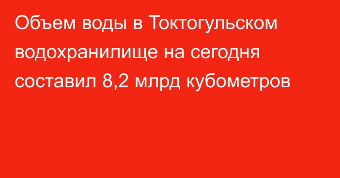 Объем воды в Токтогульском водохранилище на сегодня составил 8,2 млрд кубометров