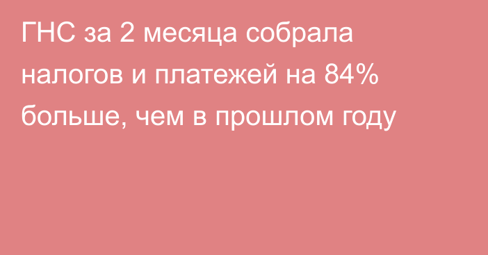 ГНС за 2 месяца собрала налогов и платежей на 84% больше, чем в прошлом году