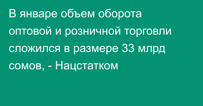 В январе объем оборота оптовой и розничной торговли сложился в размере 33 млрд сомов, - Нацстатком