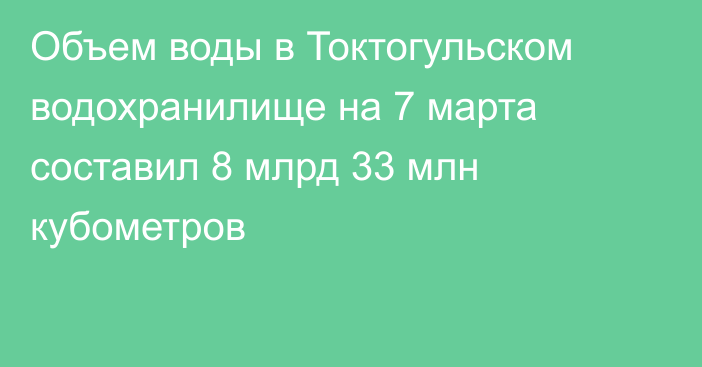 Объем воды в Токтогульском водохранилище на 7 марта составил 8 млрд 33 млн кубометров