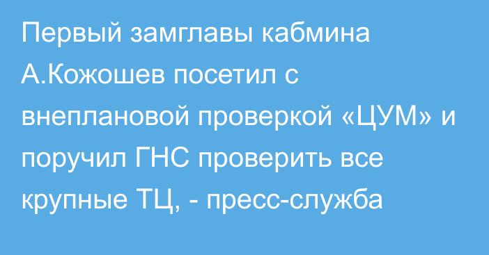 Первый замглавы кабмина А.Кожошев посетил с внеплановой проверкой «ЦУМ» и поручил ГНС проверить все крупные ТЦ, - пресс-служба