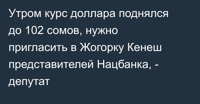 Утром курс доллара поднялся до 102 сомов, нужно пригласить в Жогорку Кенеш  представителей Нацбанка, - депутат