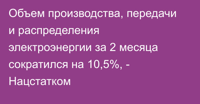 Объем производства, передачи и распределения электроэнергии за 2 месяца сократился на 10,5%, - Нацстатком