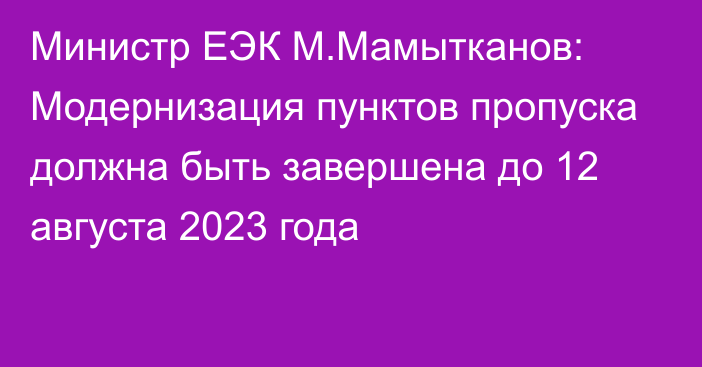Министр ЕЭК М.Мамытканов: Модернизация пунктов пропуска должна быть завершена до 12 августа 2023 года