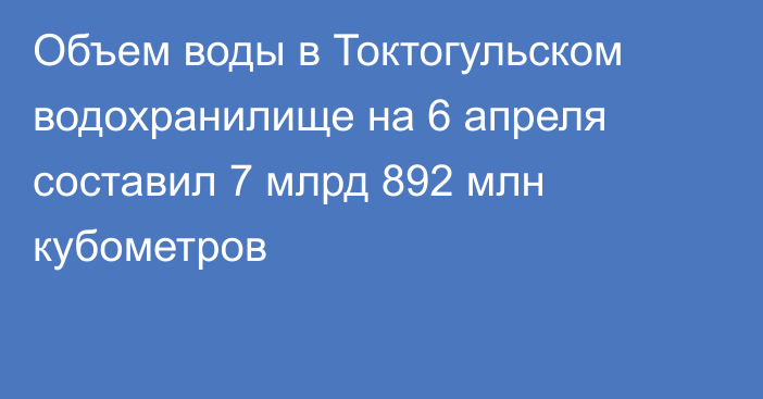 Объем воды в Токтогульском водохранилище на 6 апреля составил 7 млрд 892 млн кубометров