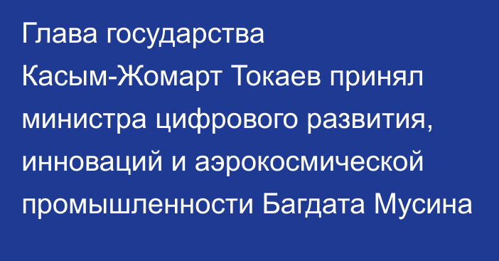 Глава государства Касым-Жомарт Токаев принял министра цифрового развития, инноваций и аэрокосмической промышленности Багдата Мусина