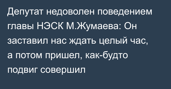Депутат недоволен поведением главы НЭСК М.Жумаева: Он заставил нас ждать целый час, а потом пришел, как-будто подвиг совершил