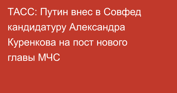 ТАСС: Путин внес в Совфед кандидатуру Александра Куренкова на пост нового главы МЧС