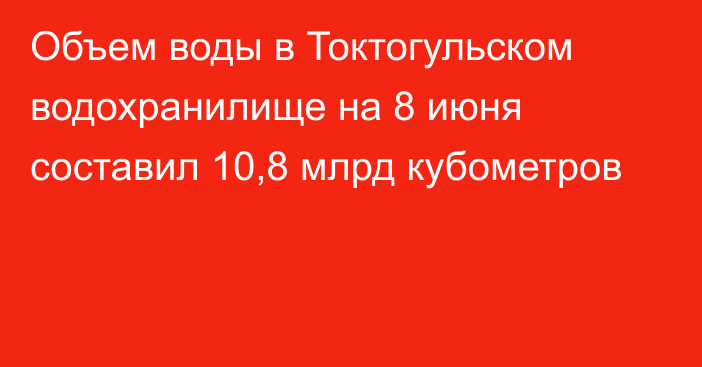 Объем воды в Токтогульском водохранилище на 8 июня составил 10,8 млрд кубометров