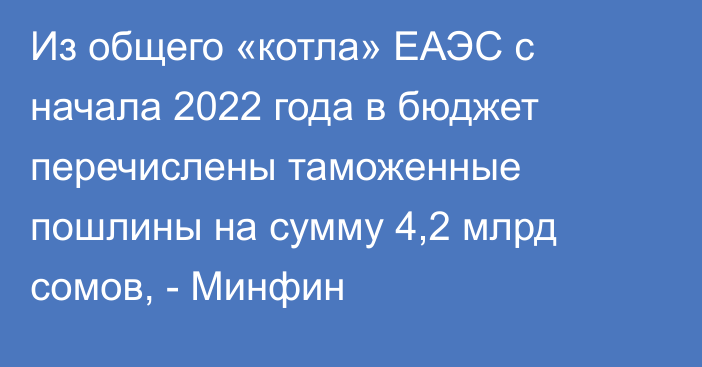 Из общего «котла» ЕАЭС с начала 2022 года в бюджет перечислены таможенные пошлины на сумму 4,2 млрд сомов, - Минфин