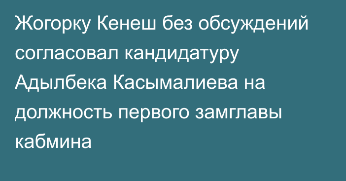 Жогорку Кенеш без обсуждений согласовал кандидатуру Адылбека Касымалиева на должность первого замглавы кабмина