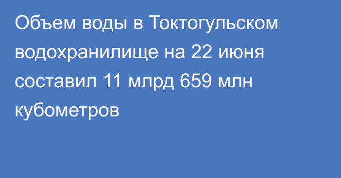 Объем воды в Токтогульском водохранилище на 22 июня составил 11 млрд 659 млн кубометров