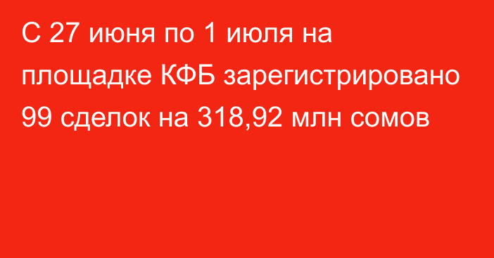 С 27 июня по 1 июля на площадке КФБ зарегистрировано 99 сделок на 318,92 млн сомов