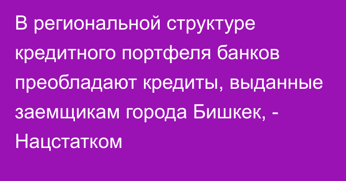 В региональной структуре кредитного портфеля банков преобладают кредиты, выданные заемщикам города Бишкек, - Нацстатком