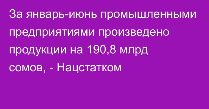 За январь-июнь промышленными предприятиями произведено продукции на 190,8 млрд сомов, - Нацстатком