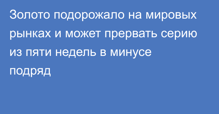 Золото подорожало на мировых рынках и может прервать серию из пяти недель в минусе подряд 