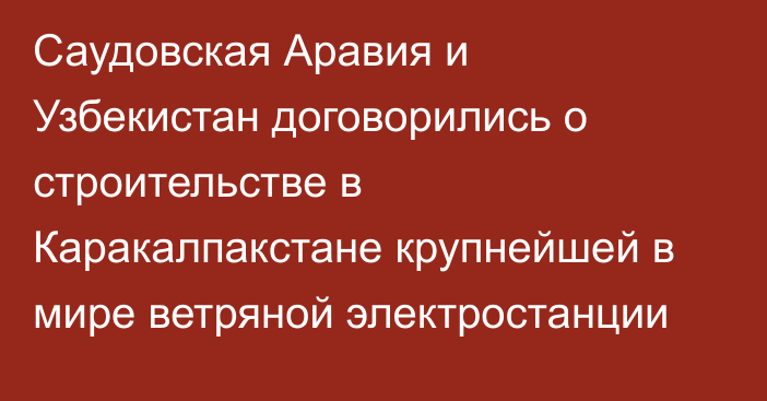 Саудовская Аравия и Узбекистан договорились о строительстве в Каракалпакстане крупнейшей в мире ветряной электростанции