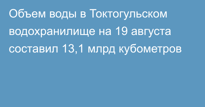 Объем воды в Токтогульском водохранилище на 19 августа составил 13,1 млрд кубометров