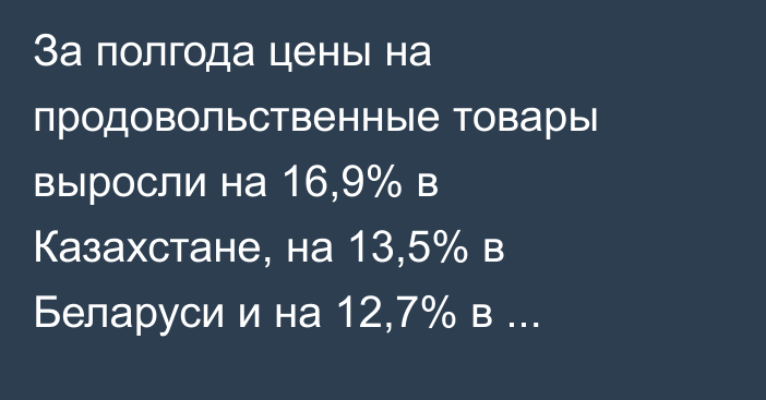 За полгода цены на продовольственные товары выросли на 16,9% в Казахстане, на 13,5% в Беларуси и на  12,7% в Кыргызстане, - ЕЭК