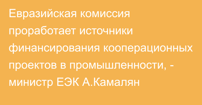 Евразийская комиссия проработает источники финансирования кооперационных проектов в промышленности, - министр ЕЭК А.Камалян