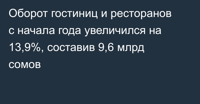 Оборот гостиниц и ресторанов с начала года увеличился на 13,9%, составив 9,6 млрд сомов