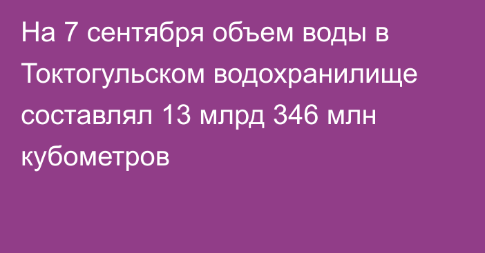 На 7 сентября объем воды в Токтогульском водохранилище составлял 13 млрд 346 млн кубометров