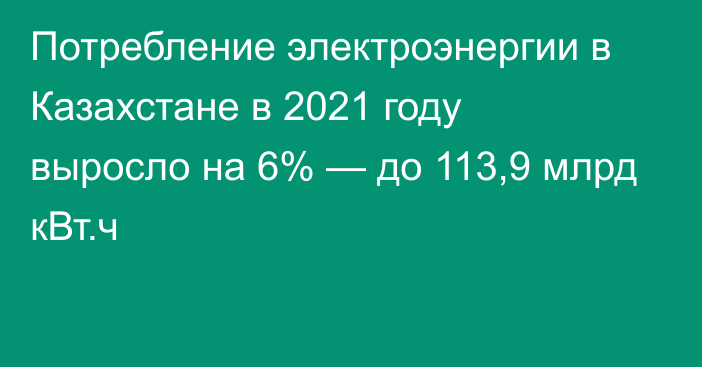 Потребление электроэнергии в Казахстане в 2021 году выросло на 6% — до 113,9 млрд кВт.ч