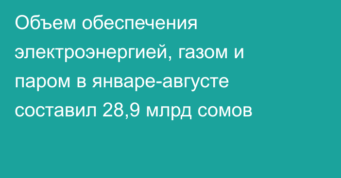 Объем обеспечения электроэнергией, газом и паром в январе-августе составил 28,9 млрд сомов