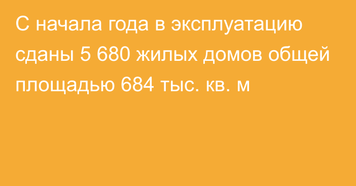 С начала года в эксплуатацию сданы 5 680 жилых домов общей площадью 684 тыс. кв. м