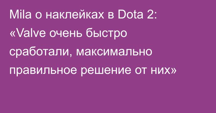 Mila о наклейках в Dota 2: «Valve очень быстро сработали, максимально правильное решение от них»