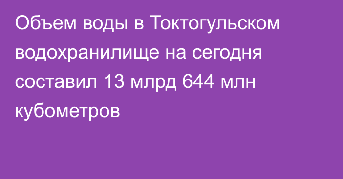 Объем воды в Токтогульском водохранилище на сегодня составил 13 млрд 644 млн кубометров