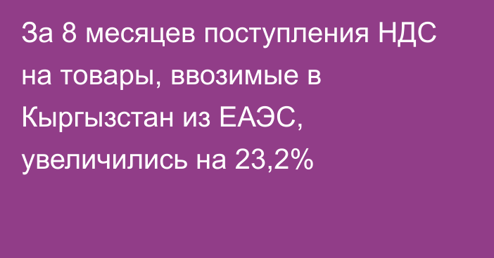 За 8 месяцев поступления НДС на товары, ввозимые в Кыргызстан из ЕАЭС, увеличились на 23,2%