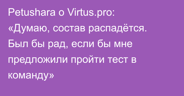 Petushara о Virtus.pro: «Думаю, состав распадётся. Был бы рад, если бы мне предложили пройти тест в команду»