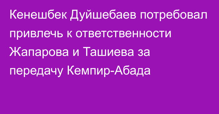 Кенешбек Дуйшебаев потребовал привлечь к ответственности Жапарова и Ташиева за передачу Кемпир-Абада