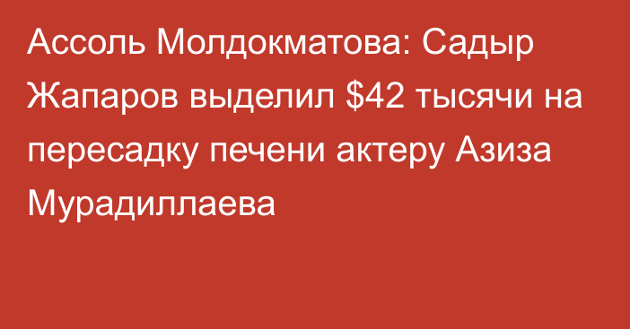 Ассоль Молдокматова: Садыр Жапаров выделил $42 тысячи на пересадку печени актеру Азиза Мурадиллаева