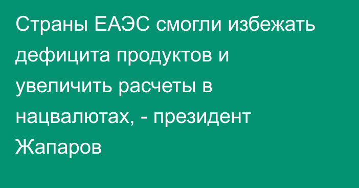 Страны ЕАЭС смогли избежать дефицита продуктов и увеличить расчеты в нацвалютах, - президент Жапаров