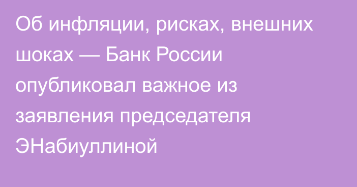 Об инфляции, рисках, внешних шоках — Банк России опубликовал важное из заявления председателя ЭНабиуллиной