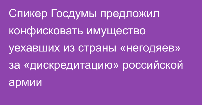 Спикер Госдумы предложил конфисковать имущество уехавших из страны «негодяев» за «дискредитацию» российской армии