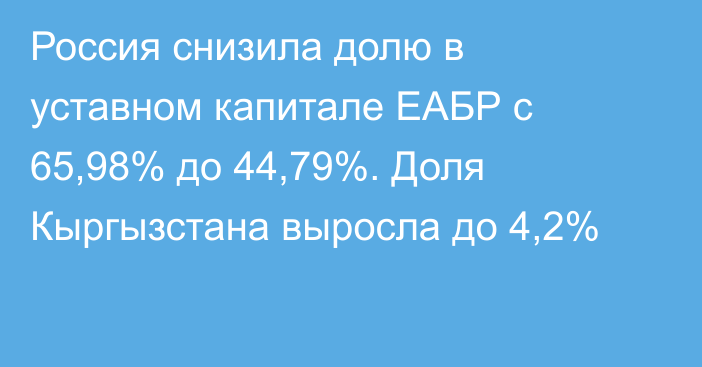 Россия снизила долю в уставном капитале ЕАБР с 65,98% до 44,79%. Доля Кыргызстана выросла до 4,2%