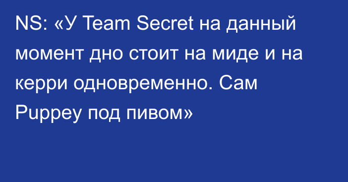 NS: «У Team Secret на данный момент дно стоит на миде и на керри одновременно. Сам Puppey под пивом»