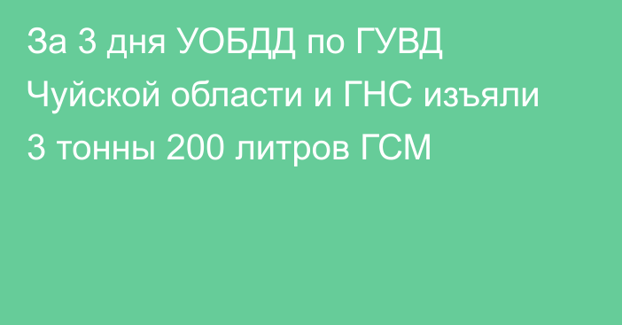 За 3 дня УОБДД по ГУВД Чуйской области и ГНС изъяли 3 тонны 200 литров ГСМ