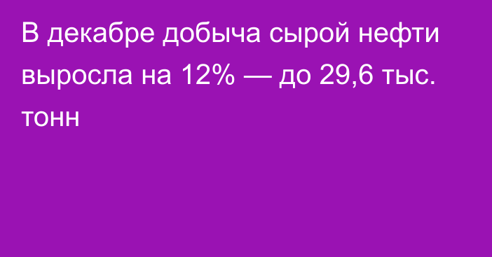 В декабре добыча сырой нефти выросла на 12% — до 29,6 тыс. тонн