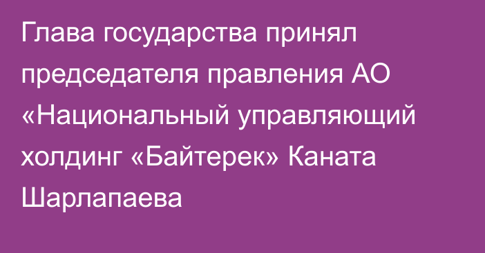 Глава государства принял председателя правления АО «Национальный управляющий холдинг «Байтерек» Каната Шарлапаева