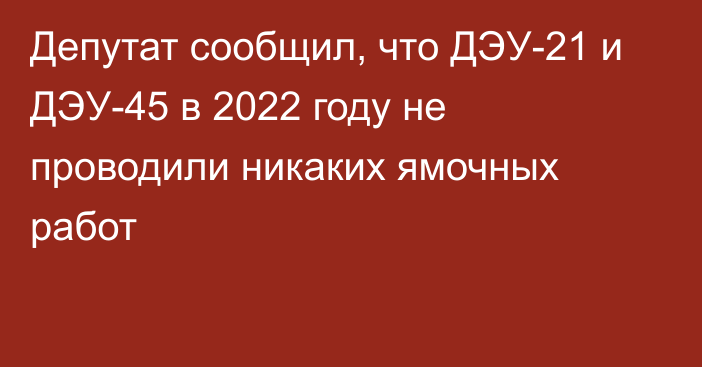 Депутат сообщил, что ДЭУ-21 и ДЭУ-45 в 2022 году не проводили никаких ямочных работ