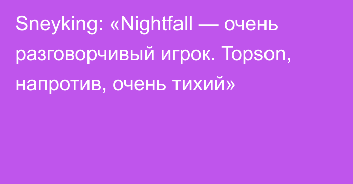 Sneyking: «Nightfall — очень разговорчивый игрок. Topson, напротив, очень тихий»