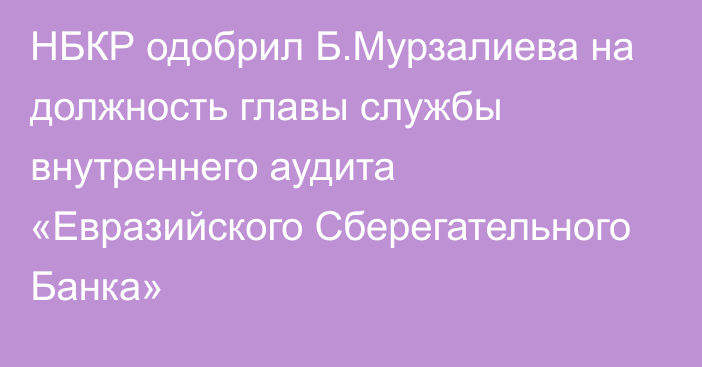 НБКР одобрил Б.Мурзалиева на должность главы службы внутреннего аудита «Евразийского Сберегательного Банка»
