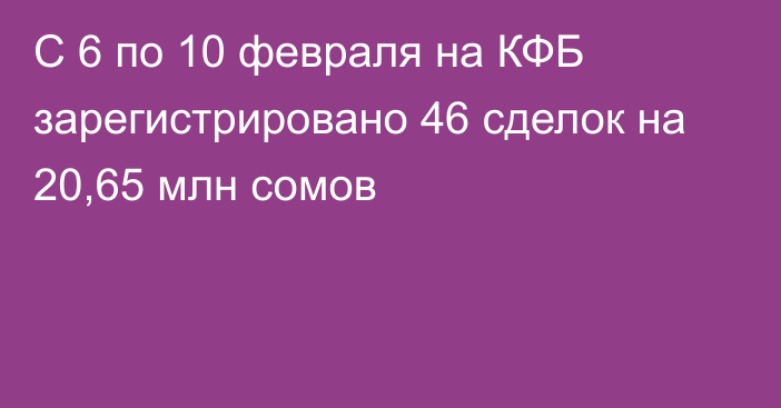 С 6 по 10 февраля на КФБ зарегистрировано 46 сделок на 20,65 млн сомов