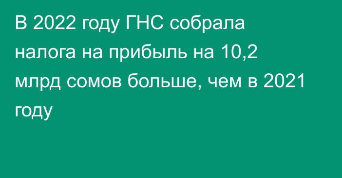 В 2022 году ГНС собрала налога на прибыль на 10,2  млрд сомов больше, чем в 2021 году